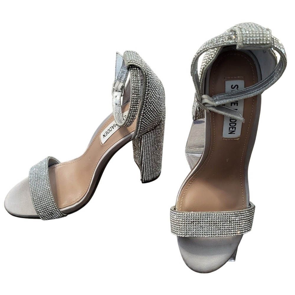 Steve Madden CarrsonRhinestone Block Heel Sandals Silver Womens 6 Formal Sparkly